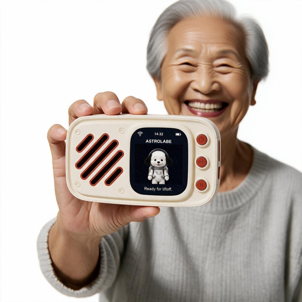 An older woman holding Luna-Chat, with Astrolabe on the screen