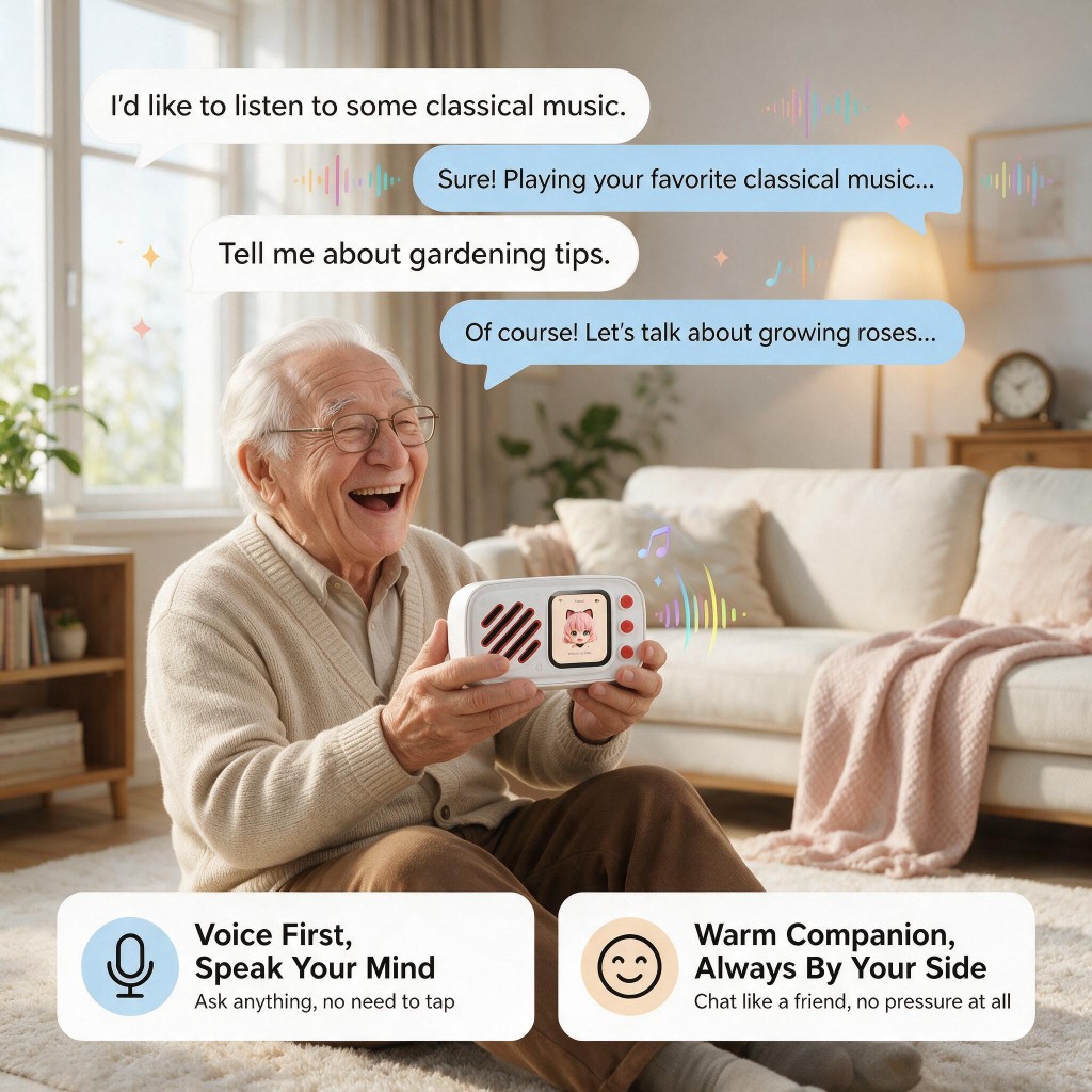 An older man talking with Luna-Chat — voice first, a warm companion always by your side
